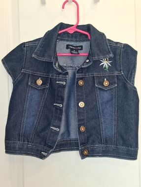 Limited Too Dark Blue Denim Sleeveless Jacket with Floral Embroidery